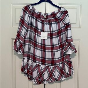 Red, able and White Plaid Blouse w/Ruffles